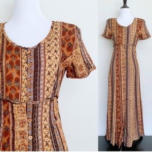 Vintage 90s Maxi Dress Earth Tone Tie-Back Empire Waist Mixed Batik Print XS
